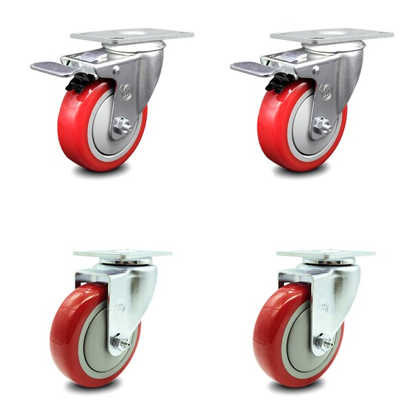 4 Inch Red Polyurethane Wheel Swivel Top Plate Caster Total Lock Brakes, 2PK
